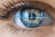 „Gesund durch Pharma, Ernährung und Digitale Therapien“ Symbolbild. Close up human eye with digital heartbeat reflection, technology and health concept, futuristic blue interface, innovation, vision, and biometric security. Copyright: Yuparet - stock.adobe.com