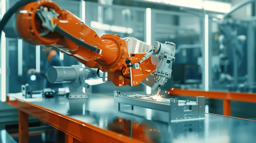 Precision at Work: Efficient Factory Robotic Arm Operation – A Sleek, Metallic Robotic Arm in a Modern Manufacturing Plant, Swiftly Assembling Components, Welding Parts, or Sorting Products