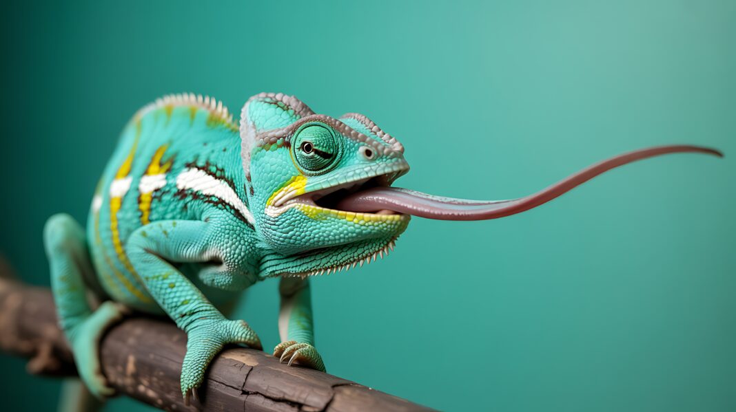 A close-up photograph captures a green chameleon with its tongue out on a branch. Symbolbild. A close-up photograph captures a green chameleon with its tongue out on a branch. Copyright: Akhi - stock.adobe.com
