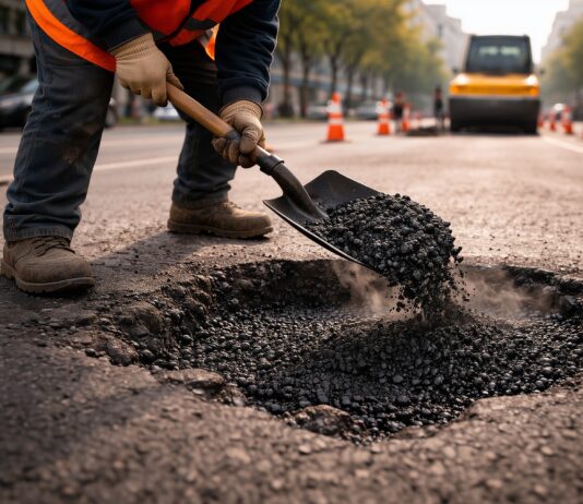 Gegen die Löcher auf der Straße Symbolbild: Worker fixing pothole with asphalt mix. Close up road damage repair process. Street maintenance and road fix work. Urban road safety and service concept. Construction worker repairing pavement. Copyright: Alina - stock.adobe.com