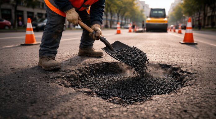 Gegen die Löcher auf der Straße Symbolbild: Worker fixing pothole with asphalt mix. Close up road damage repair process. Street maintenance and road fix work. Urban road safety and service concept. Construction worker repairing pavement. Copyright: Alina - stock.adobe.com