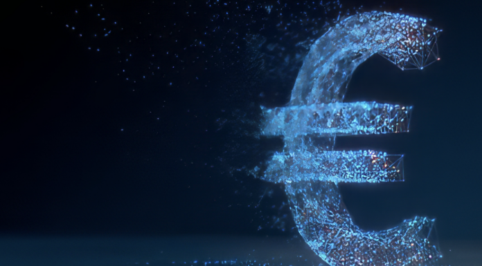 AI in pharma/biotech fundraising, partnering and finance Symbolbild. Euro currency symbol with a glowing blue polygonal wireframe design. Electronic money, digital banking, and futuristic financial technology. Copyright: Taiwo - stock.adobe.com