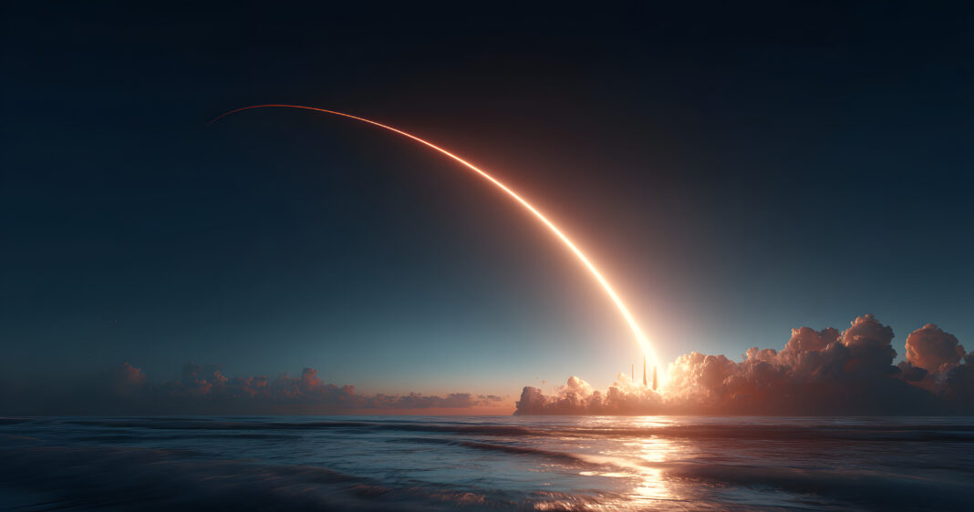 Rocket launch illuminating evening sky with glowing trail, aerospace program concept