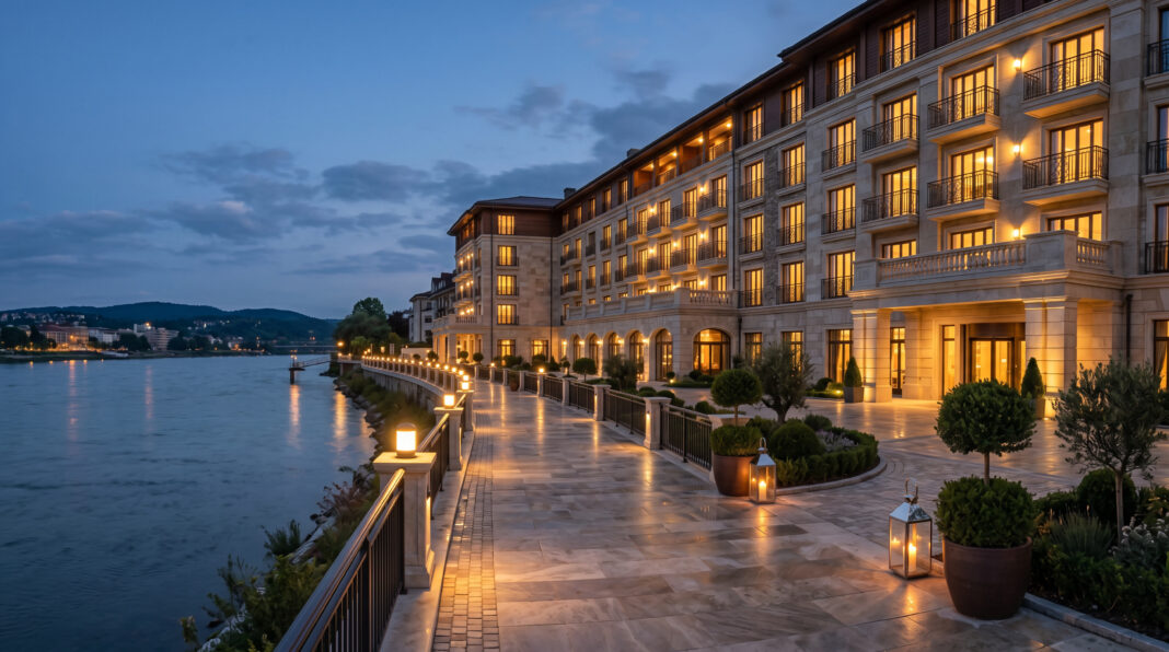 Luxury riverside hotel-style exterior building with warm glowing windows and a polished stone promenade