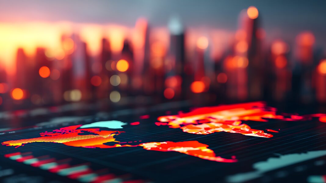 A digital stock market graph with vibrant red and orange candlesticks displayed on a screen, set against a blurred city skyline at sunset.