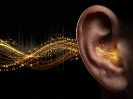 Case Study: OptoGenTech – Hören mit Licht Symbolbild. Human ear with glowing golden sound waves and light particles representing hearing, auditory perception, sound frequency, or hearing aid technology. Copyright: Vivid Pixel - stock.adobe.com