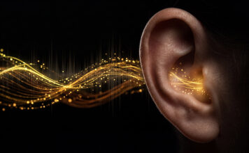 Case Study: OptoGenTech – Hören mit Licht Symbolbild. Human ear with glowing golden sound waves and light particles representing hearing, auditory perception, sound frequency, or hearing aid technology. Copyright: Vivid Pixel - stock.adobe.com