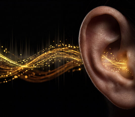 Case Study: OptoGenTech – Hören mit Licht Symbolbild. Human ear with glowing golden sound waves and light particles representing hearing, auditory perception, sound frequency, or hearing aid technology. Copyright: Vivid Pixel - stock.adobe.com