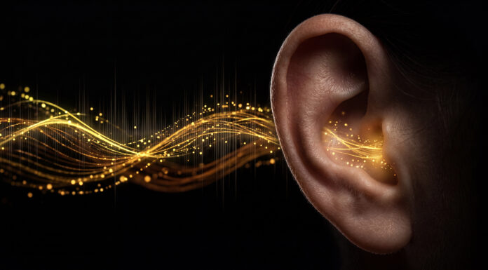 Symbolbild. Human ear with glowing golden sound waves and light particles representing hearing, auditory perception, sound frequency, or hearing aid technology. Copyright: Vivid Pixel - stock.adobe.com