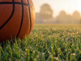 Symbolbild. Basketball resting on green grass field at sunrise. Copyright: Alex Pios - stock.adobe.com