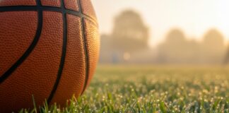 Symbolbild. Basketball resting on green grass field at sunrise. Copyright: Alex Pios - stock.adobe.com