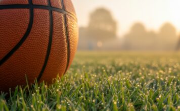 Symbolbild. Basketball resting on green grass field at sunrise. Copyright: Alex Pios - stock.adobe.com