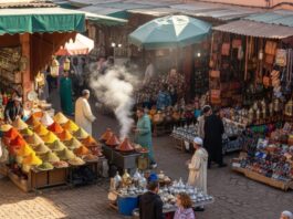 Symbolbild. Spice market stall in traditional moroccan souk with people. Copyright: Fury's Studio ;) - stock.adobe.com