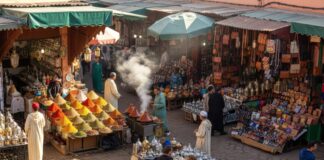 Symbolbild. Spice market stall in traditional moroccan souk with people. Copyright: Fury's Studio ;) - stock.adobe.com
