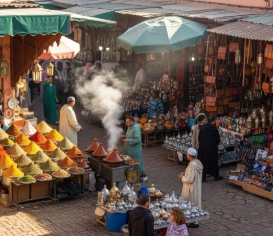 Über LinkedIn hinaus: Erschließung der GCC-/MENA-Märkte für europäische Life-Sciences-Unternehmen Symbolbild. Spice market stall in traditional moroccan souk with people. Copyright: Fury's Studio ;) - stock.adobe.com