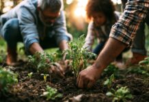 Symbolbild "Gartenarbeit". (Family planting a garden together in the soft light of dawn.) Copyright: Atifmurtaza - stock.adobe.com