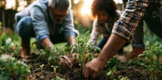 Symbolbild "Gartenarbeit". (Family planting a garden together in the soft light of dawn.) Copyright: Atifmurtaza - stock.adobe.com