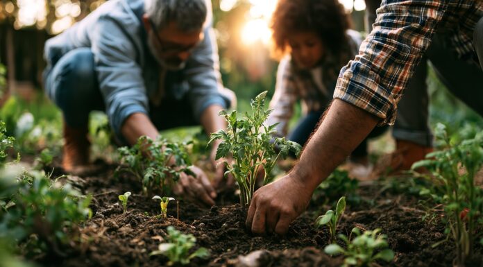 Symbolbild "Gartenarbeit". (Family planting a garden together in the soft light of dawn.) Copyright: Atifmurtaza - stock.adobe.com