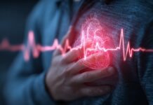 Symbolbild. (A person clutching their chest with a glowing heart symbol indicating pain or health issue.) Copyright: Zahid - stock.adobe.com