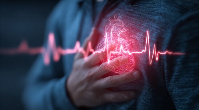 Symbolbild. (A person clutching their chest with a glowing heart symbol indicating pain or health issue.) Copyright: Zahid - stock.adobe.com