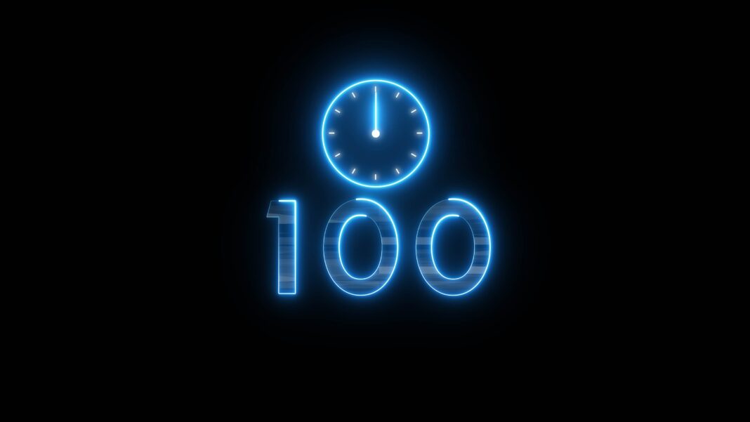 Neon countdown clock illustration. Time 100 days to go symbol. Symbolbild. Neon countdown clock illustration. Time 100 days to go symbol. Copyright: Positive Thinking - stock.adobe.com