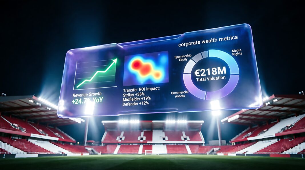 Digital corporate wealth metrics and player impact heatmap projected over a professional football stadium arena