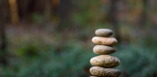 Pyramid stones balance on old mossy fallen tree. Stone pyramid in focus. Forest background blurred. Copyright: Mikhail - stock.adobe.com