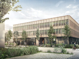 Halle zwischen Lego und Tetris Visualisierung der Fassade des Innovation Hub. Copyright: ARGE Dietrich | Untertrifaller mit ALINE HIELSCHER ARCHITEKTUR