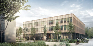 Visualisierung der Fassade des Innovation Hub. Copyright: ARGE Dietrich | Untertrifaller mit ALINE HIELSCHER ARCHITEKTUR
