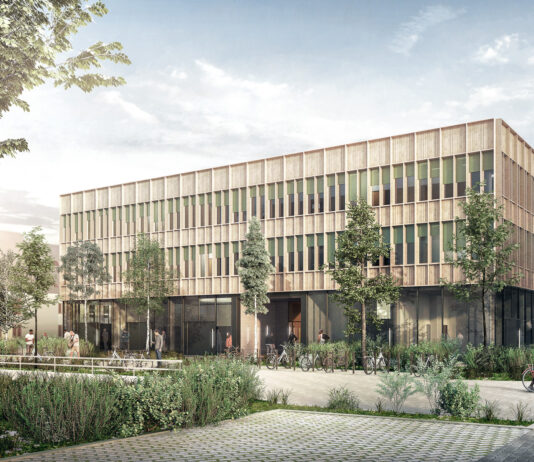 Halle zwischen Lego und Tetris Visualisierung der Fassade des Innovation Hub. Copyright: ARGE Dietrich | Untertrifaller mit ALINE HIELSCHER ARCHITEKTUR