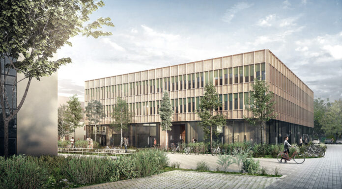 Visualisierung der Fassade des Innovation Hub. Copyright: ARGE Dietrich | Untertrifaller mit ALINE HIELSCHER ARCHITEKTUR