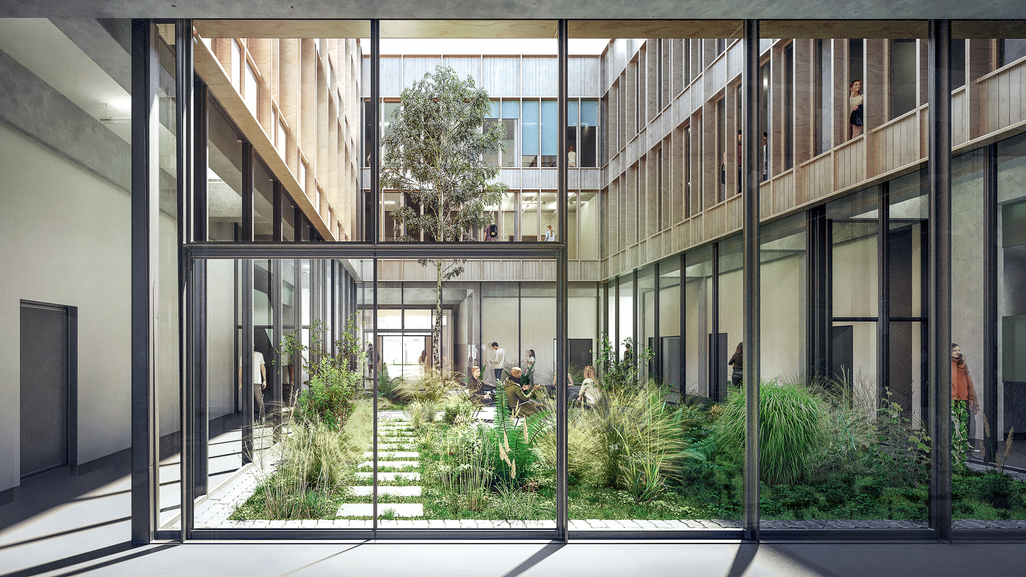Innenhofs des Innovation Hub. Copyright: ARGE Dietrich | Untertrifaller mit ALINE HIELSCHER ARCHITEKTUR