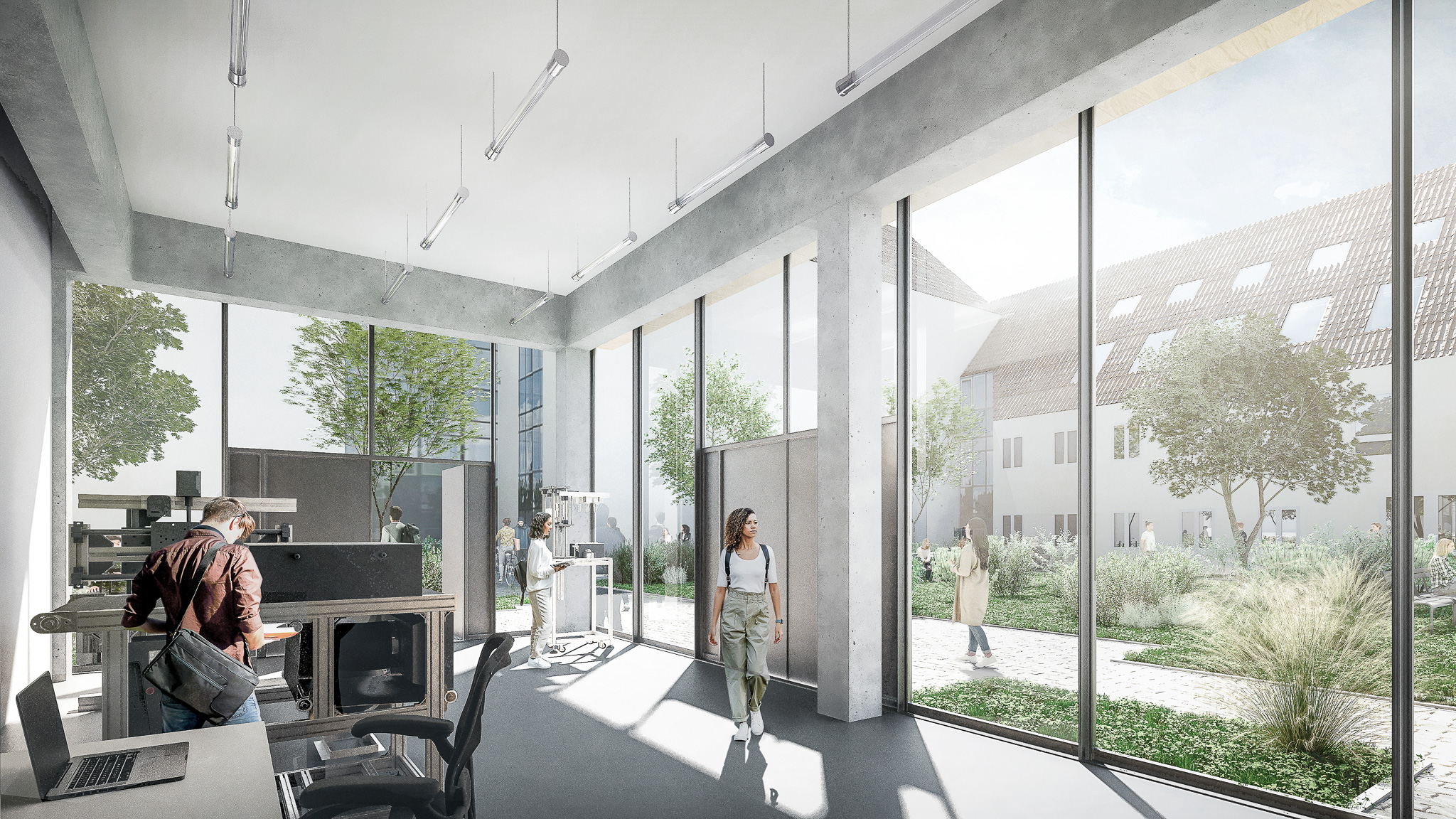 Visualisierung der Werkstätten des Innovation Hub. Copyright: ARGE Dietrich | Untertrifaller mit ALINE HIELSCHER ARCHITEKTUR