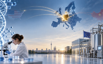 Biotechnologie im geopolitischen Re-Shoring Symbolbild. KI-Illustration: erstellt mit ChatGPT (OpenAI)